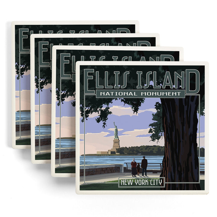 Ellis Island National Monument, New York City, Statue of Liberty, Lantern Press Poster, Coaster Set - Lantern Press