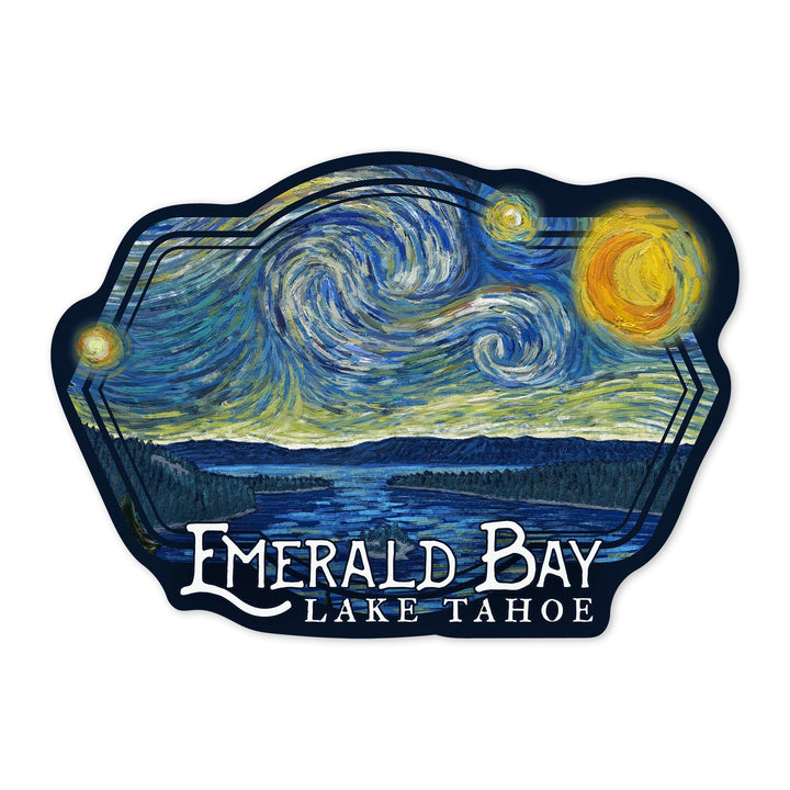 Emerald Bay State Park, California, Van Gogh Starry Night, Contour, Vinyl Sticker - Lantern Press