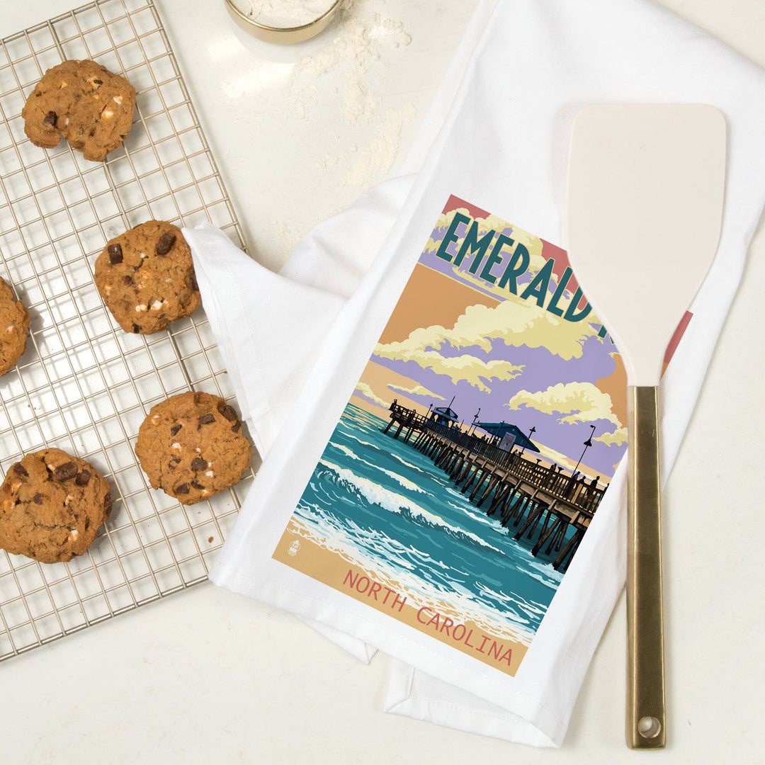 Emerald Isle, North Carolina, Fishing Pier, Organic Cotton Kitchen Tea Towels Kitchen Lantern Press 