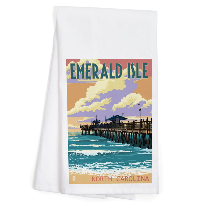 Emerald Isle, North Carolina, Fishing Pier, Organic Cotton Kitchen Tea Towels Kitchen Lantern Press 