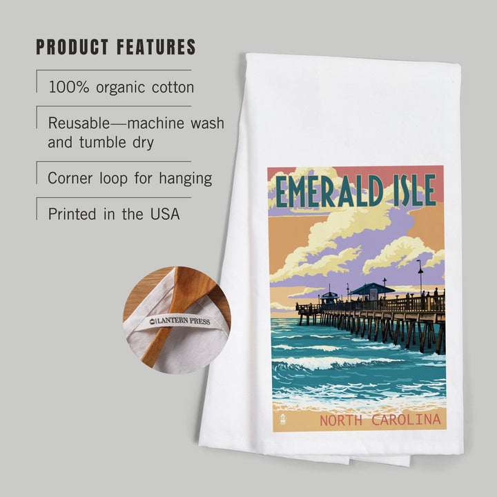 Emerald Isle, North Carolina, Fishing Pier, Organic Cotton Kitchen Tea Towels Kitchen Lantern Press 