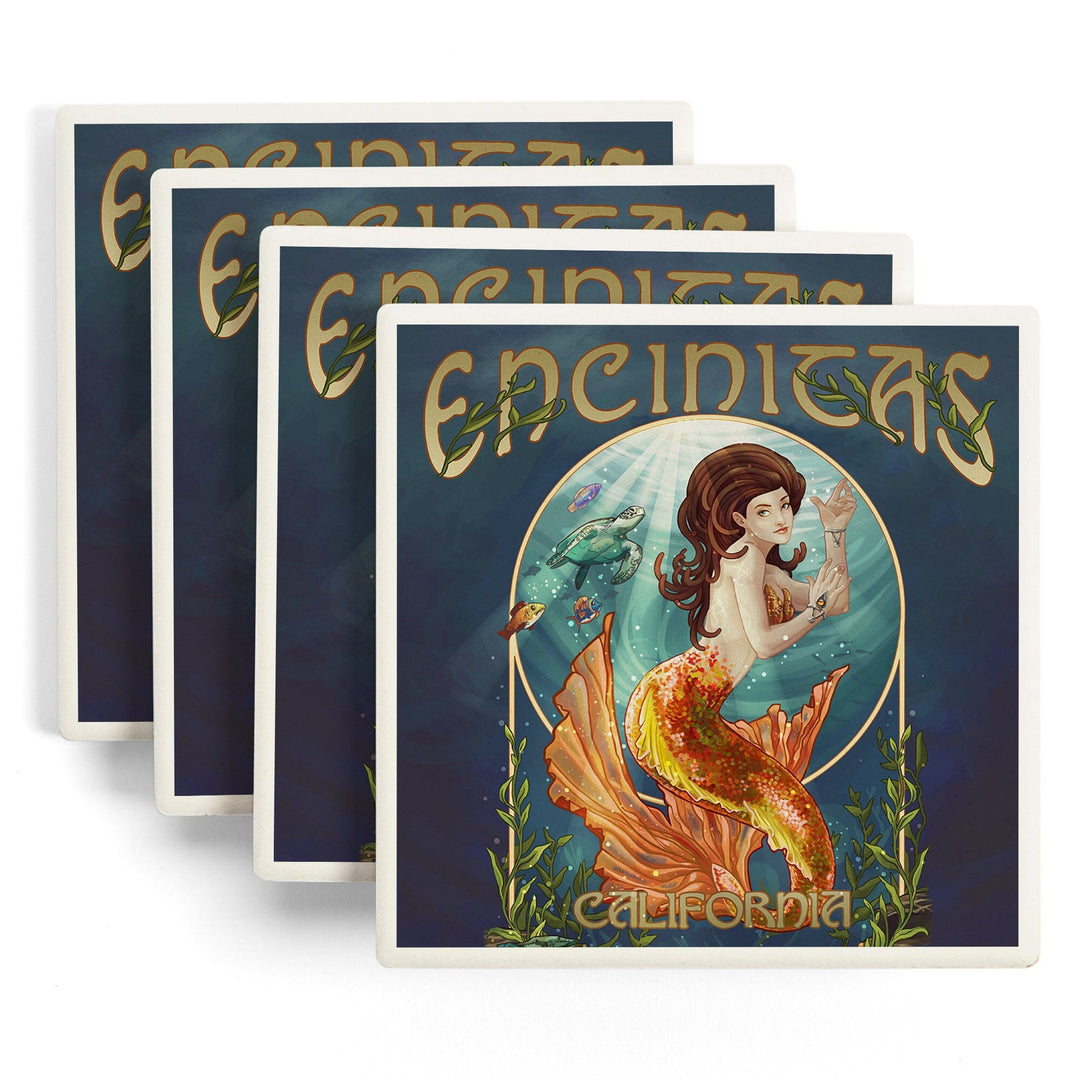 Encinitas, California, Mermaid, Lantern Press Poster, Coaster Set - Lantern Press