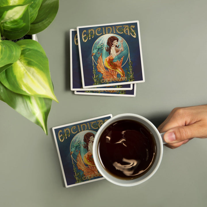 Encinitas, California, Mermaid, Lantern Press Poster, Coaster Set - Lantern Press