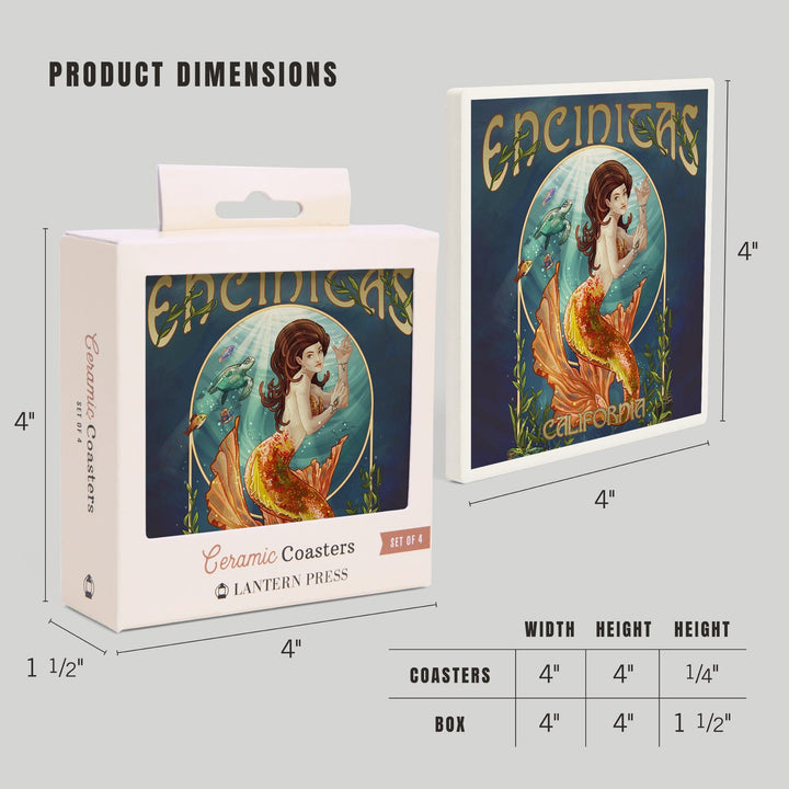 Encinitas, California, Mermaid, Lantern Press Poster, Coaster Set - Lantern Press