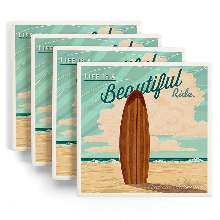 Encinitas, California, Surf Board Letterpress, Life is a Beautiful Ride, Lantern Press Artwork, Coaster Set - Lantern Press