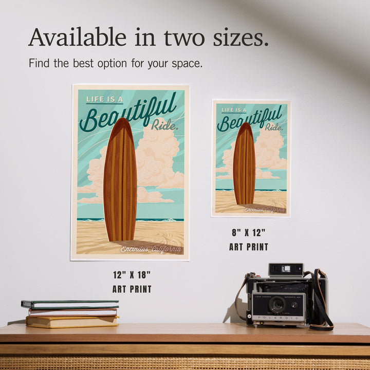 Encinitas, California, Surfboard Letterpress, Life is a Beautiful Ride, Art & Giclee Prints Art Lantern Press 