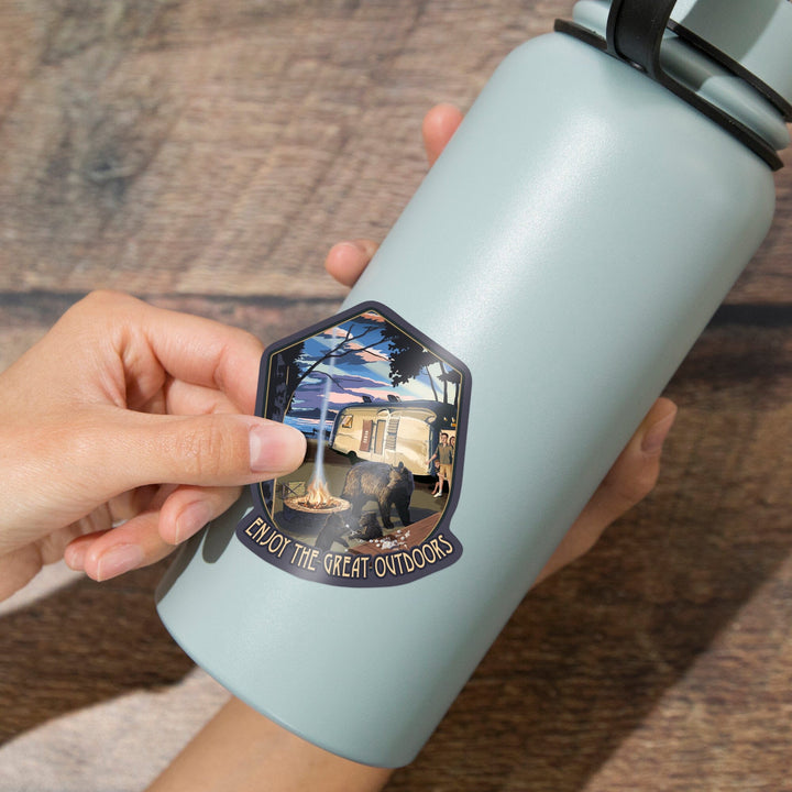 Enjoy the Great Outdoors, Retro Camper and Lake with Bear Family, Contour, Vinyl Sticker Sticker Lantern Press 