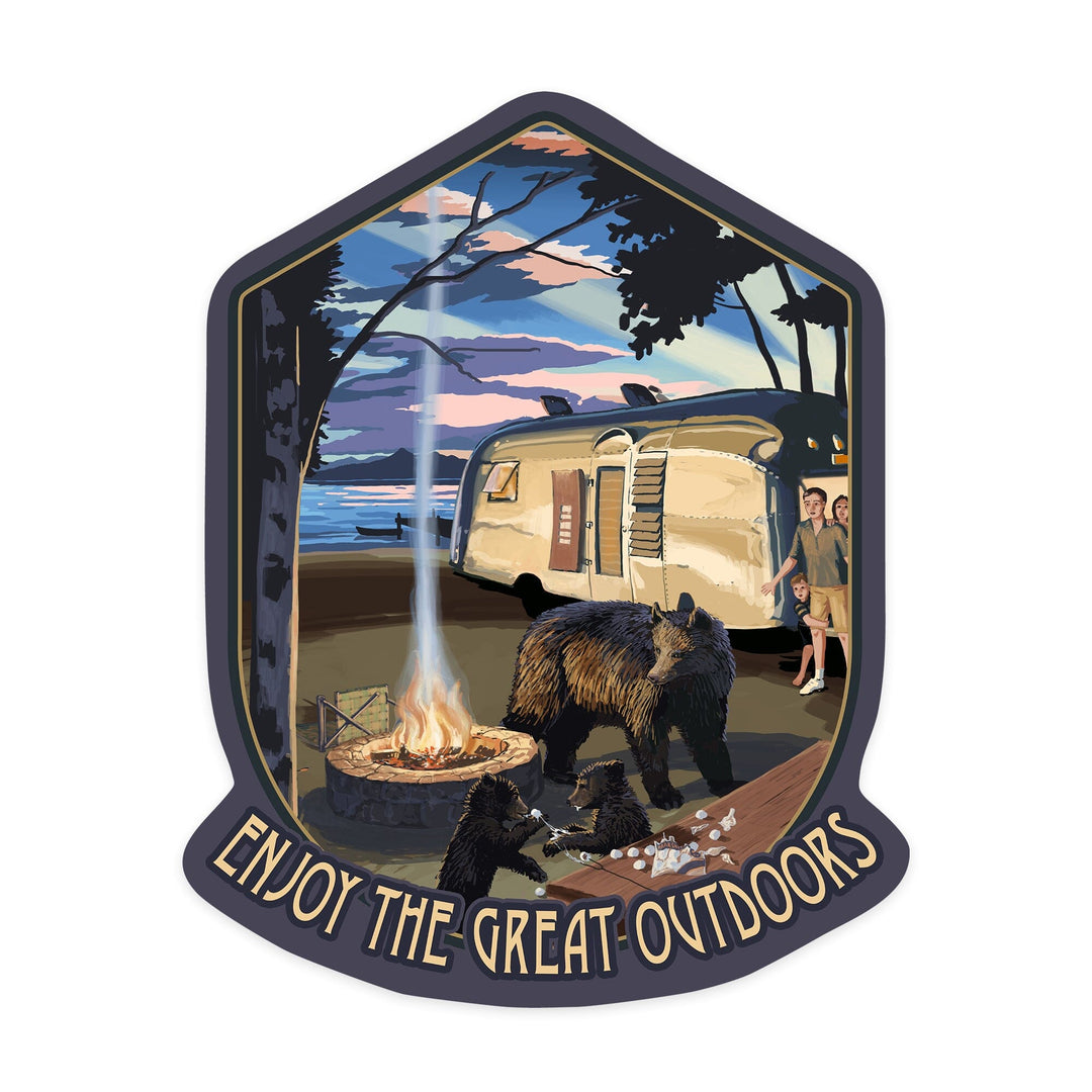 Enjoy the Great Outdoors, Retro Camper and Lake with Bear Family, Contour, Vinyl Sticker Sticker Lantern Press 