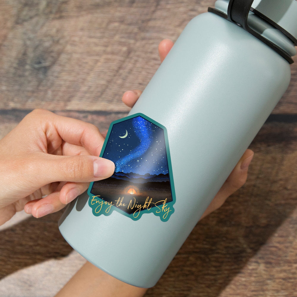Enjoy the Night Sky, Tent & Night Sky, Mid-Century Style, Contour, Lantern Press Artwork, Vinyl Sticker - Lantern Press
