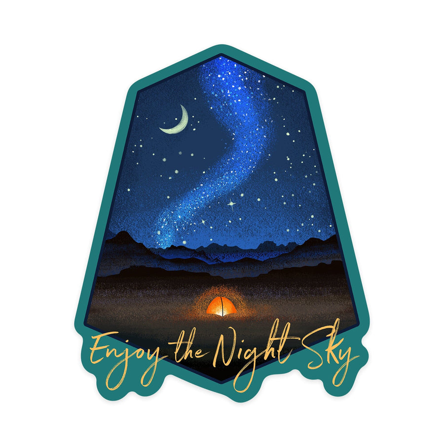 Enjoy the Night Sky, Tent & Night Sky, Mid-Century Style, Contour, Lantern Press Artwork, Vinyl Sticker - Lantern Press