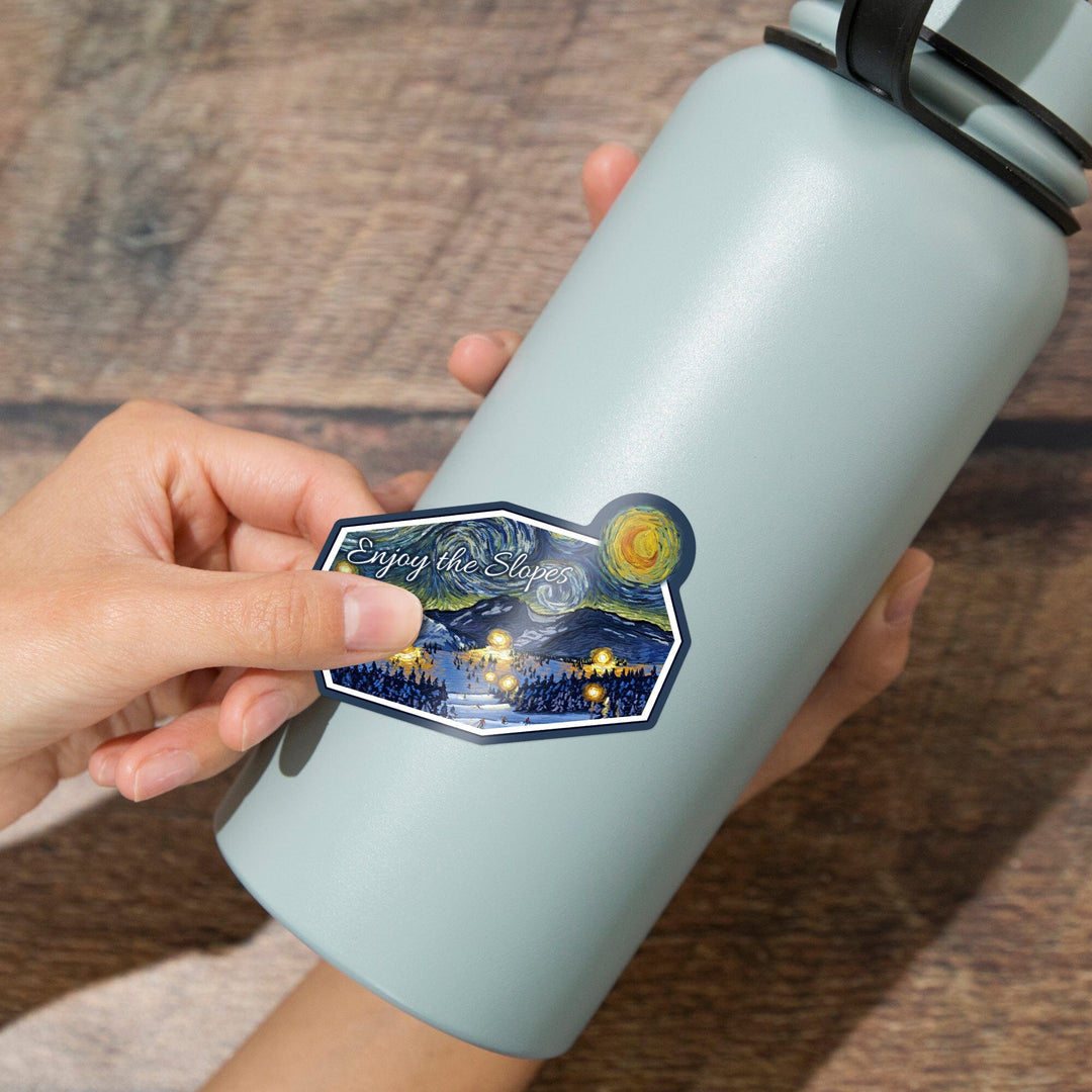 Enjoy the Slopes, Ski Resort, Starry Night, Contour, Vinyl Sticker Sticker Lantern Press 