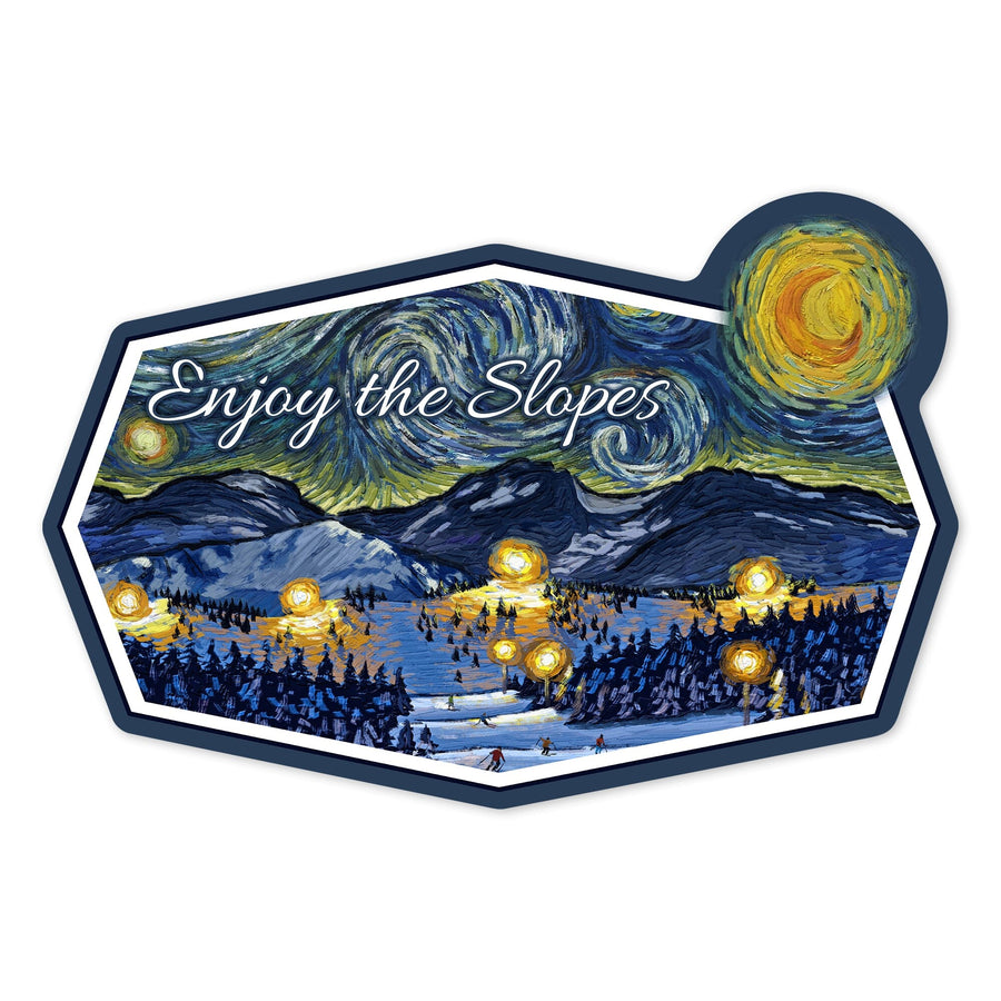 Enjoy the Slopes, Ski Resort, Starry Night, Contour, Vinyl Sticker Sticker Lantern Press 