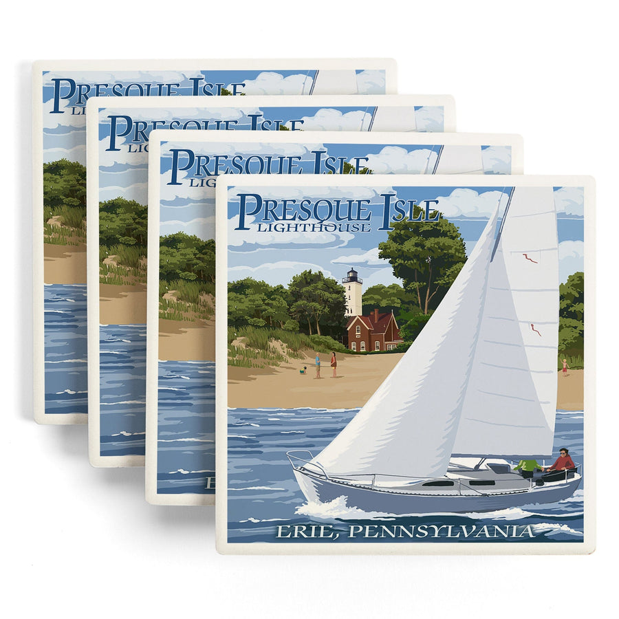 Erie, Pennsylvania, Presque Isle Lighthouse, Lantern Press Artwork, Coaster Set - Lantern Press