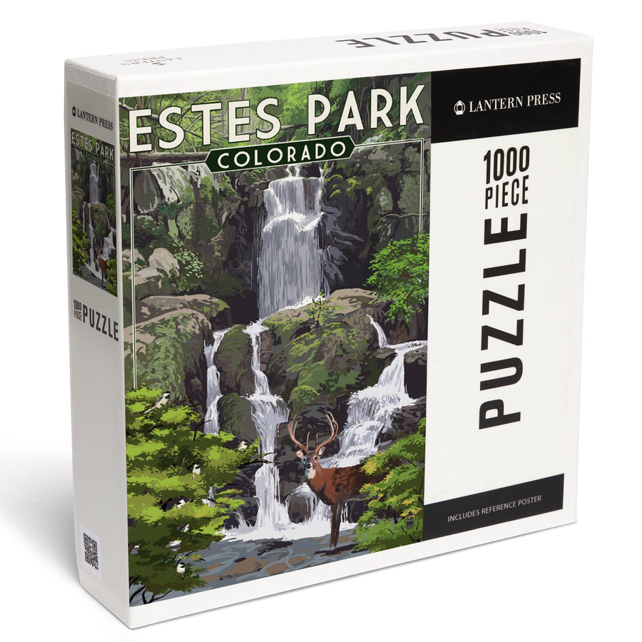 Estes Park, Colorado, Deer and Falls, Painterly Series, Jigsaw Puzzle Puzzle Lantern Press 
