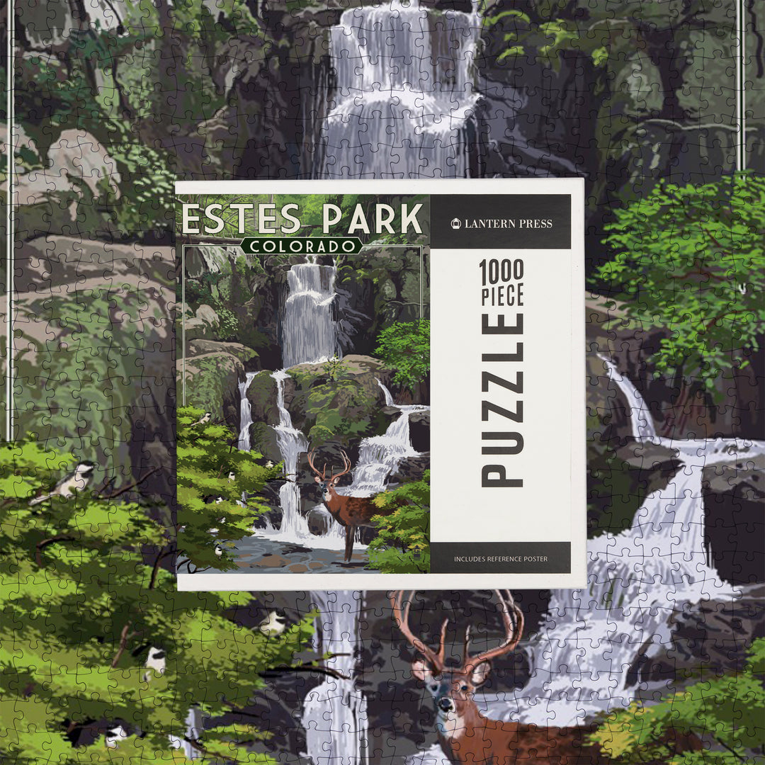 Estes Park, Colorado, Deer and Falls, Painterly Series, Jigsaw Puzzle Puzzle Lantern Press 