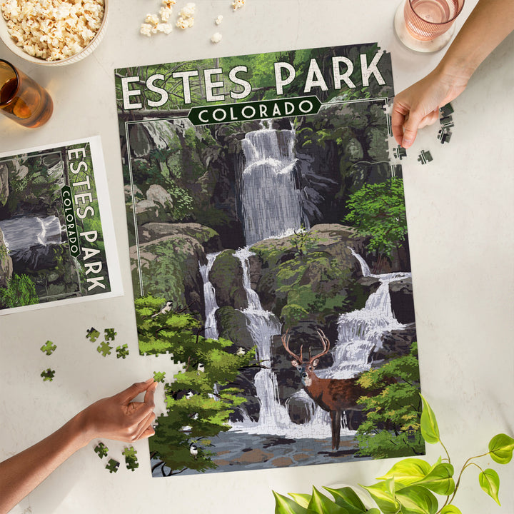 Estes Park, Colorado, Deer and Falls, Painterly Series, Jigsaw Puzzle Puzzle Lantern Press 