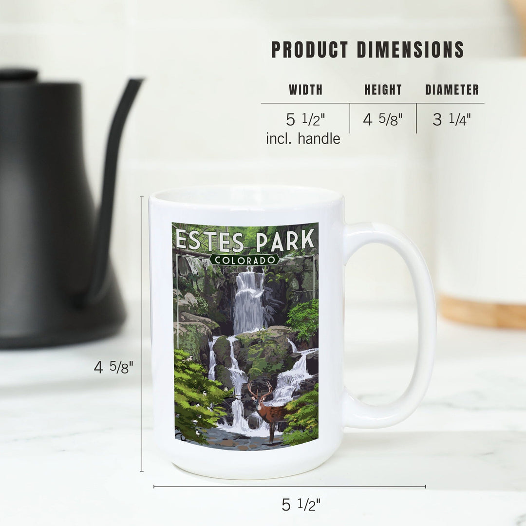 Estes Park, Colorado, Deer and Falls, Painterly Series, Lantern Press Artwork, Ceramic Mug Mugs Lantern Press 