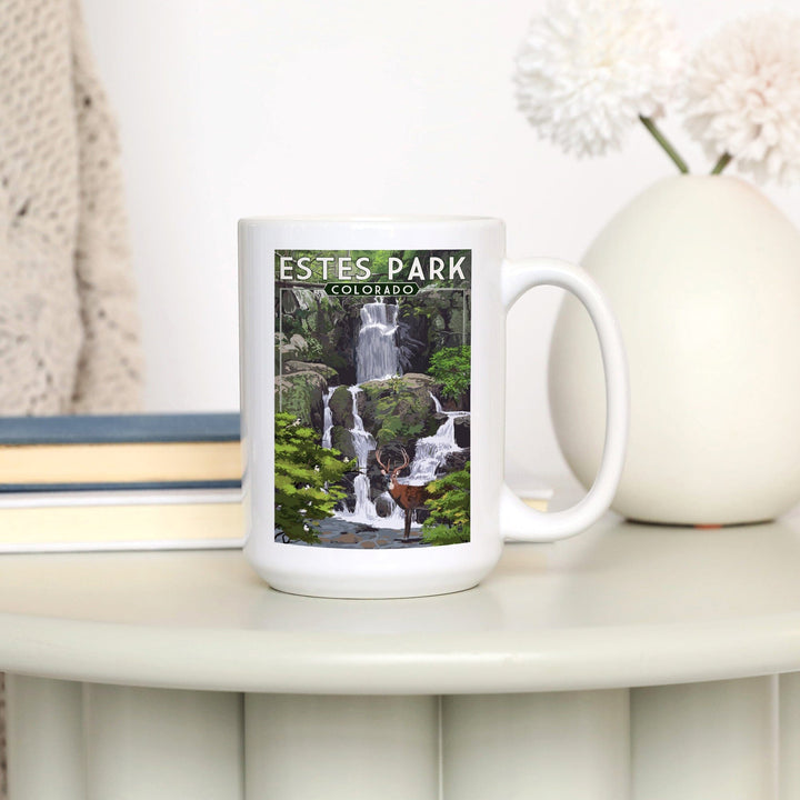 Estes Park, Colorado, Deer and Falls, Painterly Series, Lantern Press Artwork, Ceramic Mug Mugs Lantern Press 