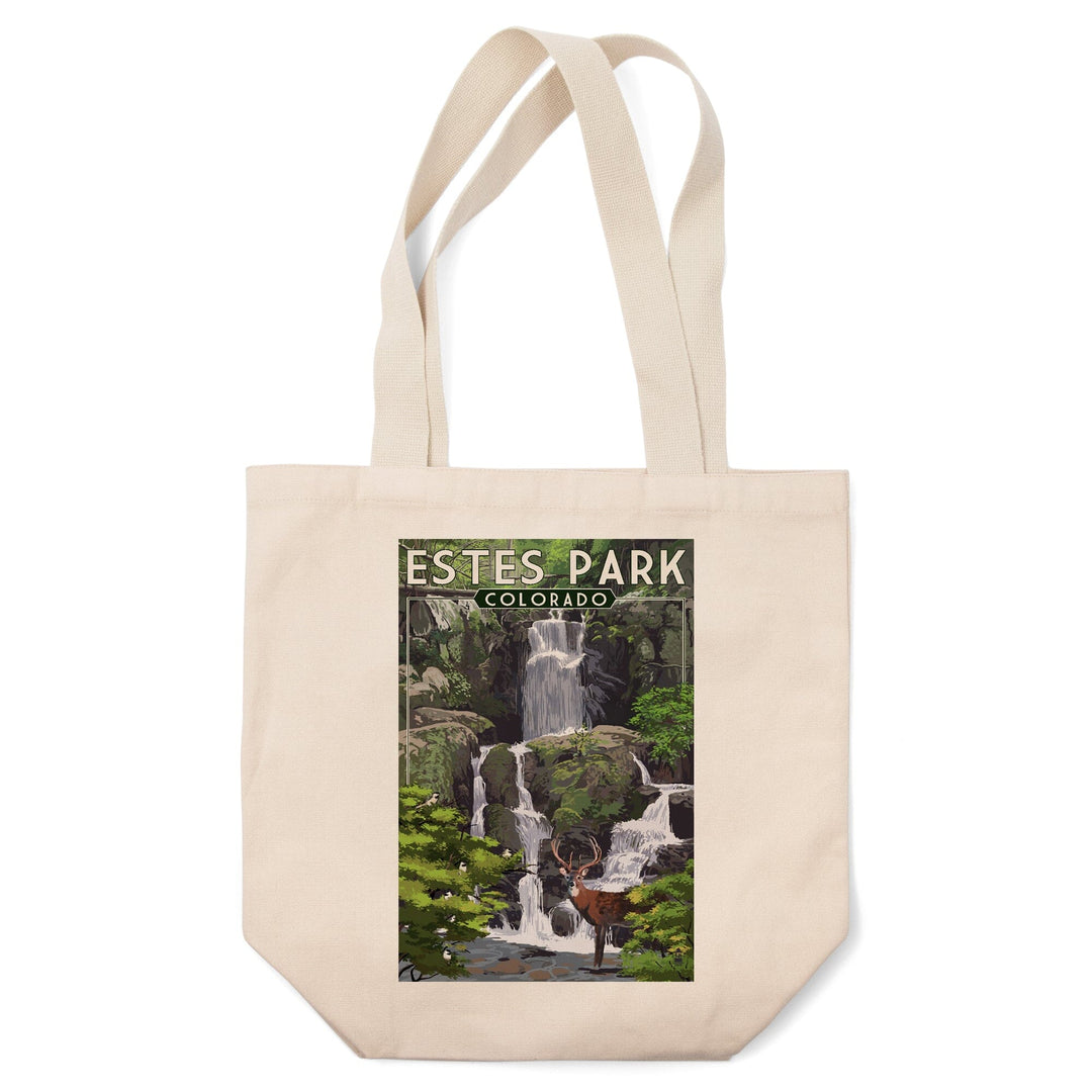 Estes Park, Colorado, Deer and Falls, Painterly Series, Lantern Press Artwork, Tote Bag Totes Lantern Press 