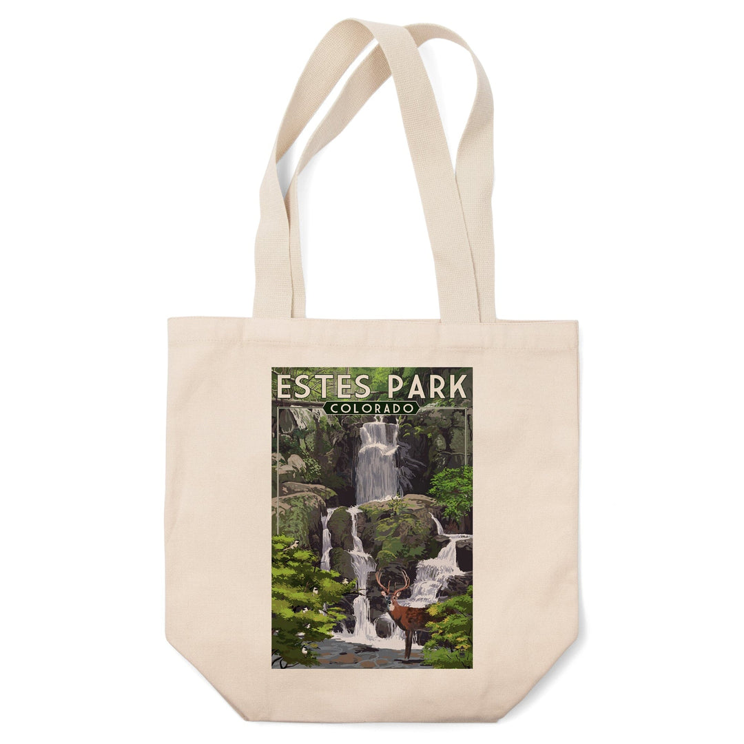 Estes Park, Colorado, Deer and Falls, Painterly Series, Tote Bag Totes Lantern Press 