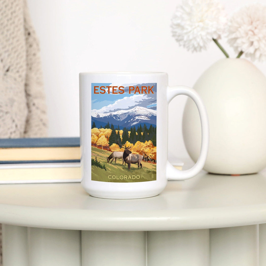 Estes Park, Colorado, Elk & Mountains, Lantern Press Artwork, Ceramic Mug Mugs Lantern Press 