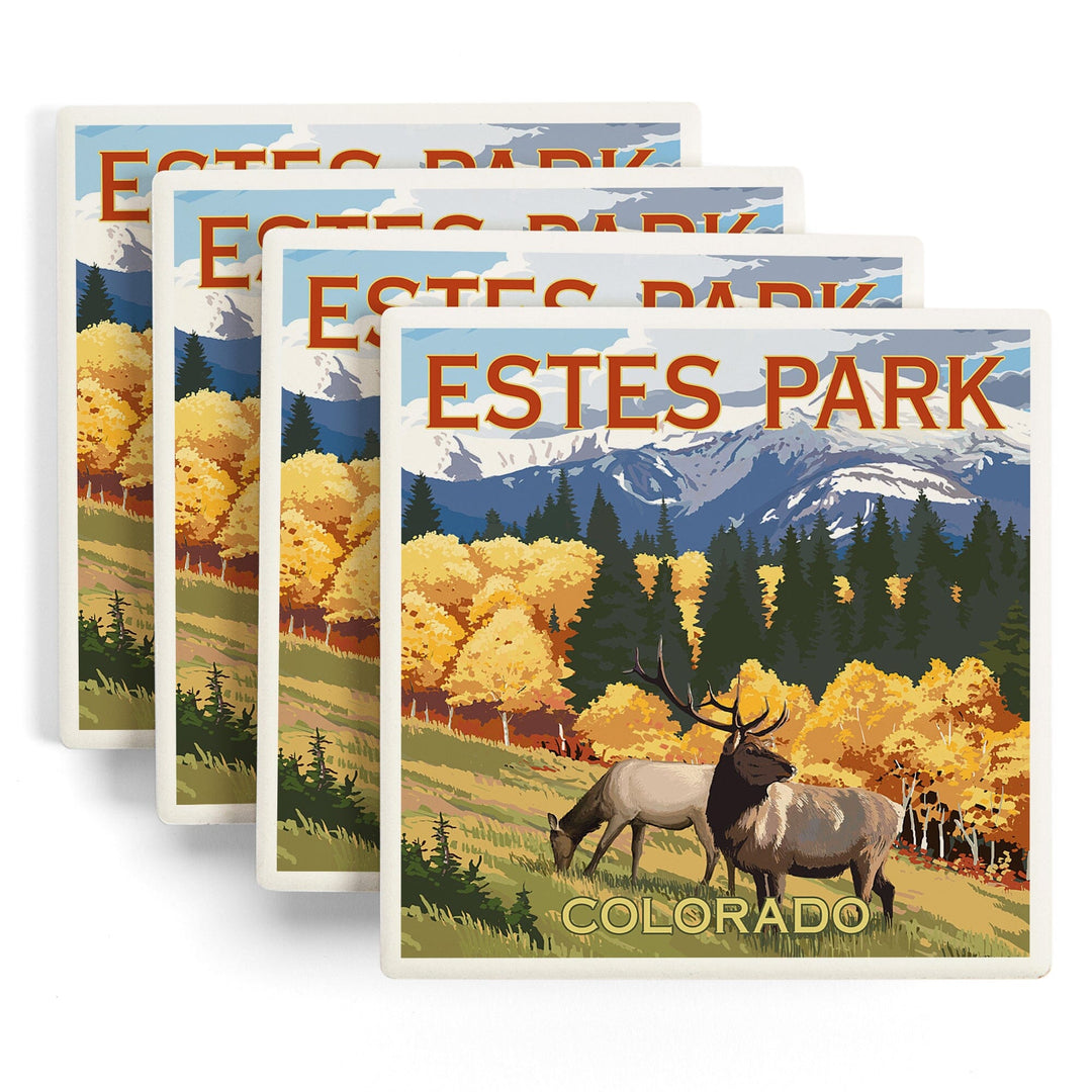 Estes Park, Colorado, Elk & Mountains, Lantern Press Artwork, Coaster Set - Lantern Press