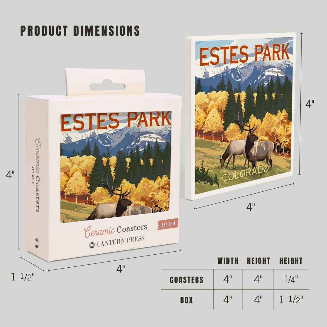 Estes Park, Colorado, Elk & Mountains, Lantern Press Artwork, Coaster Set - Lantern Press