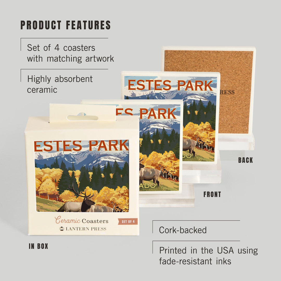 Estes Park, Colorado, Elk & Mountains, Lantern Press Artwork, Coaster Set - Lantern Press