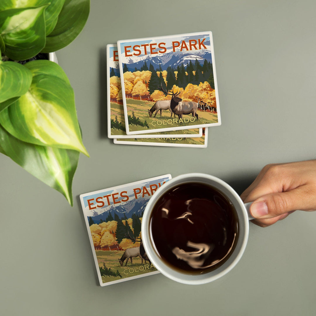 Estes Park, Colorado, Elk & Mountains, Lantern Press Artwork, Coaster Set - Lantern Press