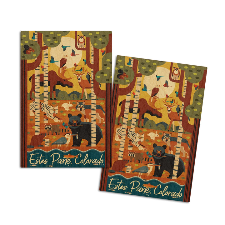 Estes Park, Colorado, Forest Animals, Geometric, Lantern Press Artwork, Wood Signs and Postcards Wood Lantern Press 4x6 Wood Postcard Set 