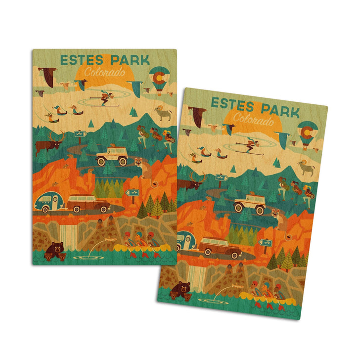 Estes Park, Colorado, Geometric, Lantern Press Artwork, Wood Signs and Postcards Wood Lantern Press 4x6 Wood Postcard Set 