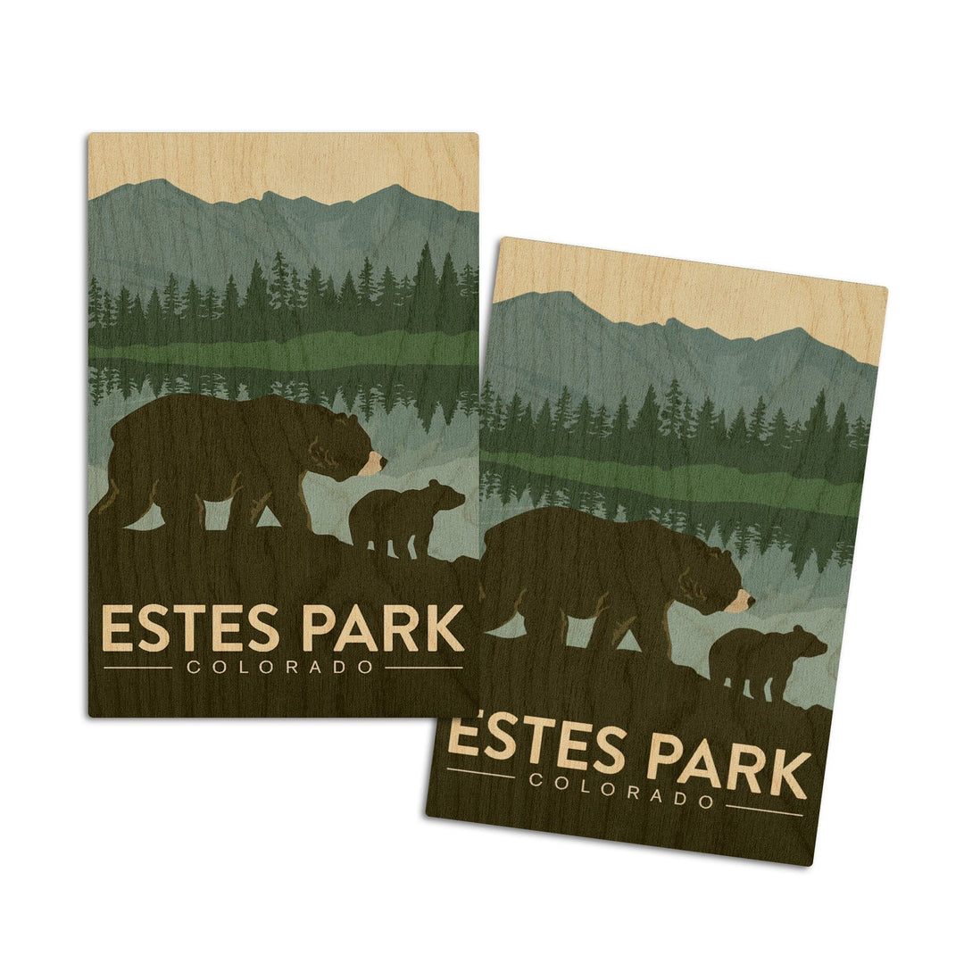 Estes Park, Colorado, Grizzly Bear & Cub, Lantern Press Artwork, Wood Signs and Postcards Wood Lantern Press 4x6 Wood Postcard Set 