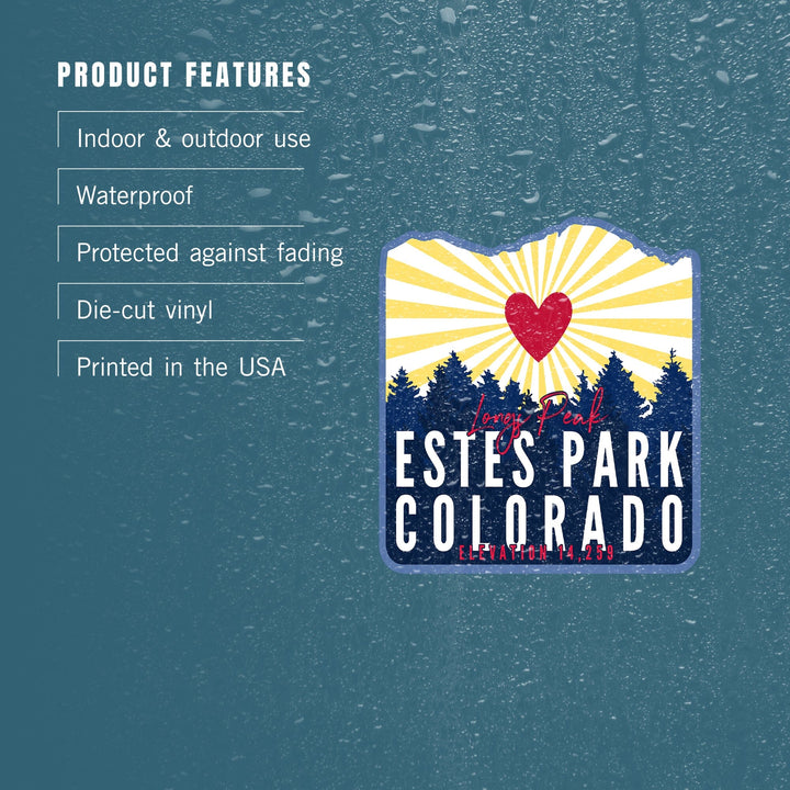 Estes Park, Colorado, Longs Peak, Heart and Sunburst, Contour, Vinyl Sticker Sticker Lantern Press 