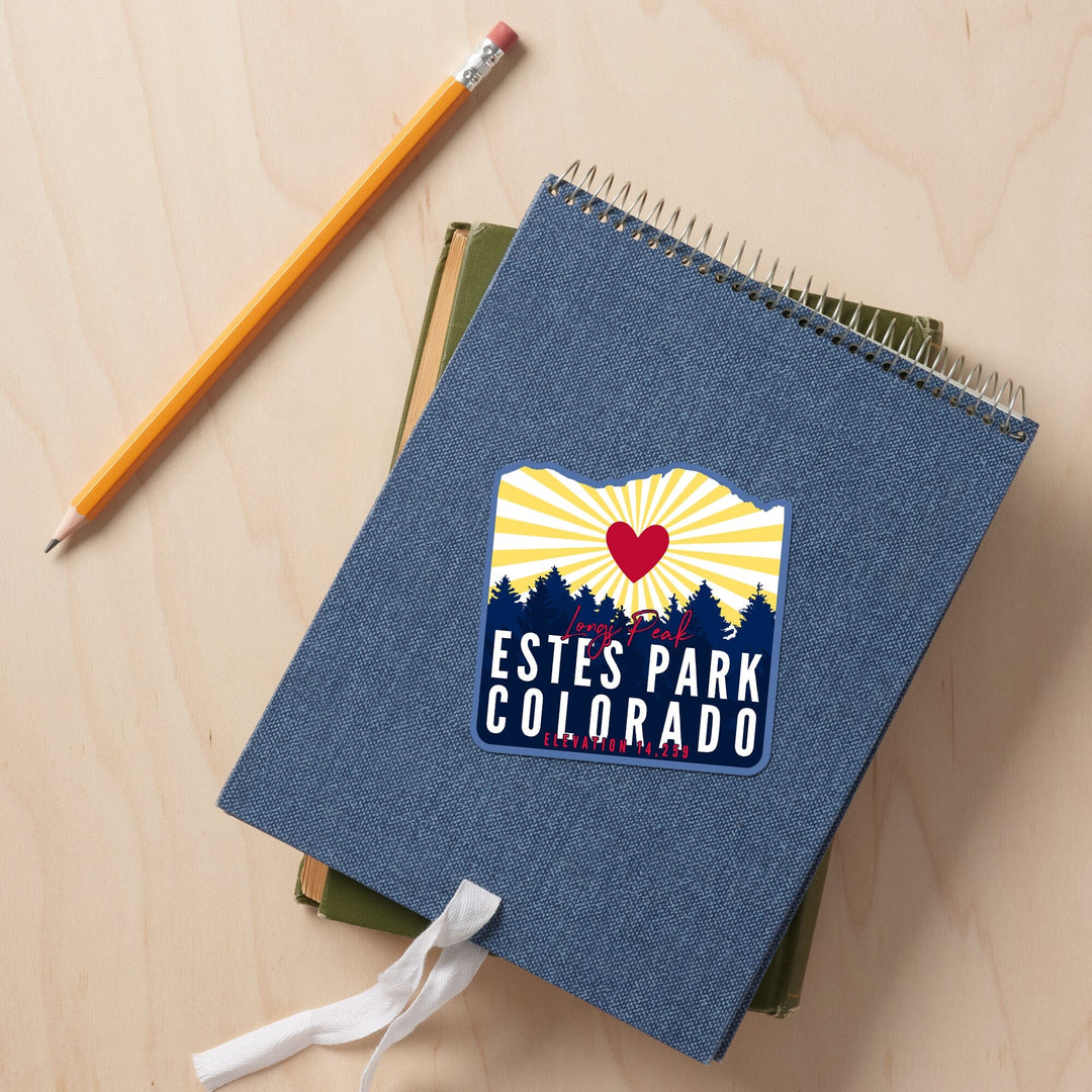 Estes Park, Colorado, Longs Peak, Heart and Sunburst, Contour, Vinyl Sticker Sticker Lantern Press 