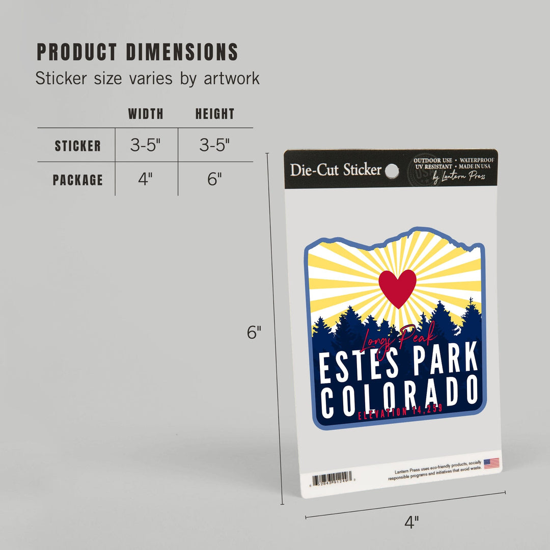 Estes Park, Colorado, Longs Peak, Heart and Sunburst, Contour, Vinyl Sticker Sticker Lantern Press 