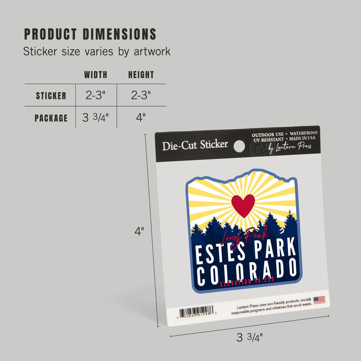 Estes Park, Colorado, Longs Peak, Heart and Sunburst, Contour, Vinyl Sticker Sticker Lantern Press 