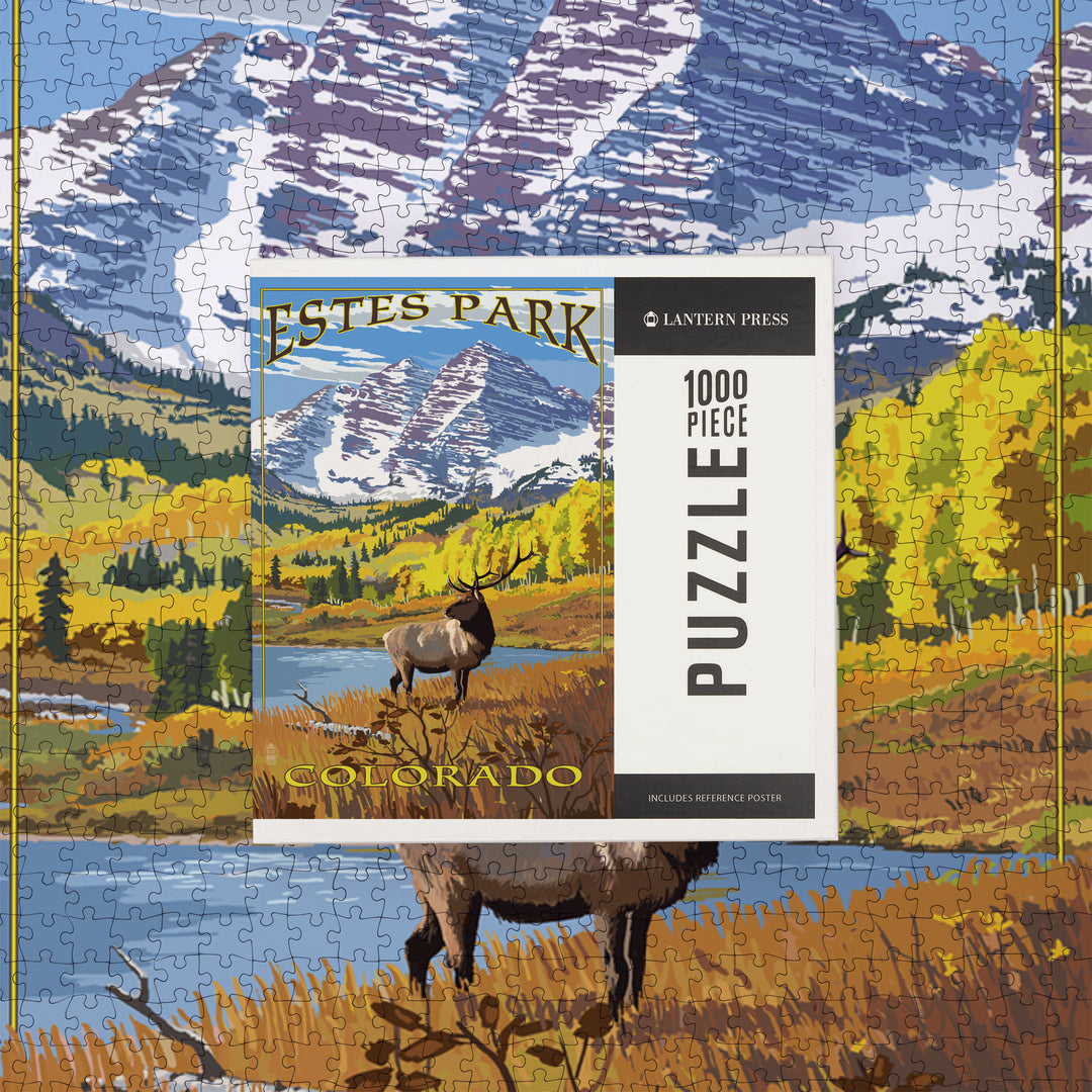 Estes Park, Colorado, Mountains and Elk, Jigsaw Puzzle Puzzle Lantern Press 