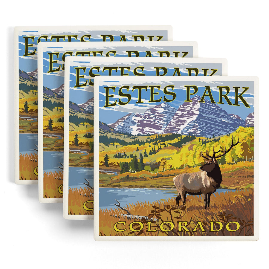 Estes Park, Colorado, Mountains & Elk, Lantern Press Artwork, Coaster Set - Lantern Press