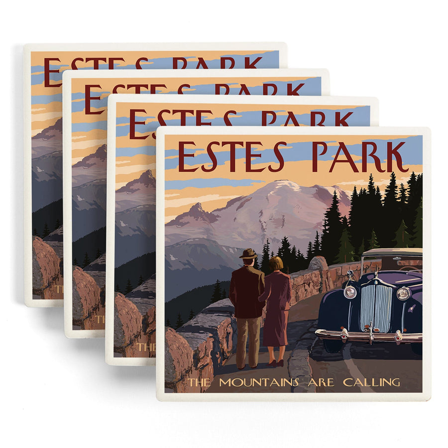 Estes Park, Colorado, The Mountains are Calling, Lantern Press Artwork, Coaster Set - Lantern Press