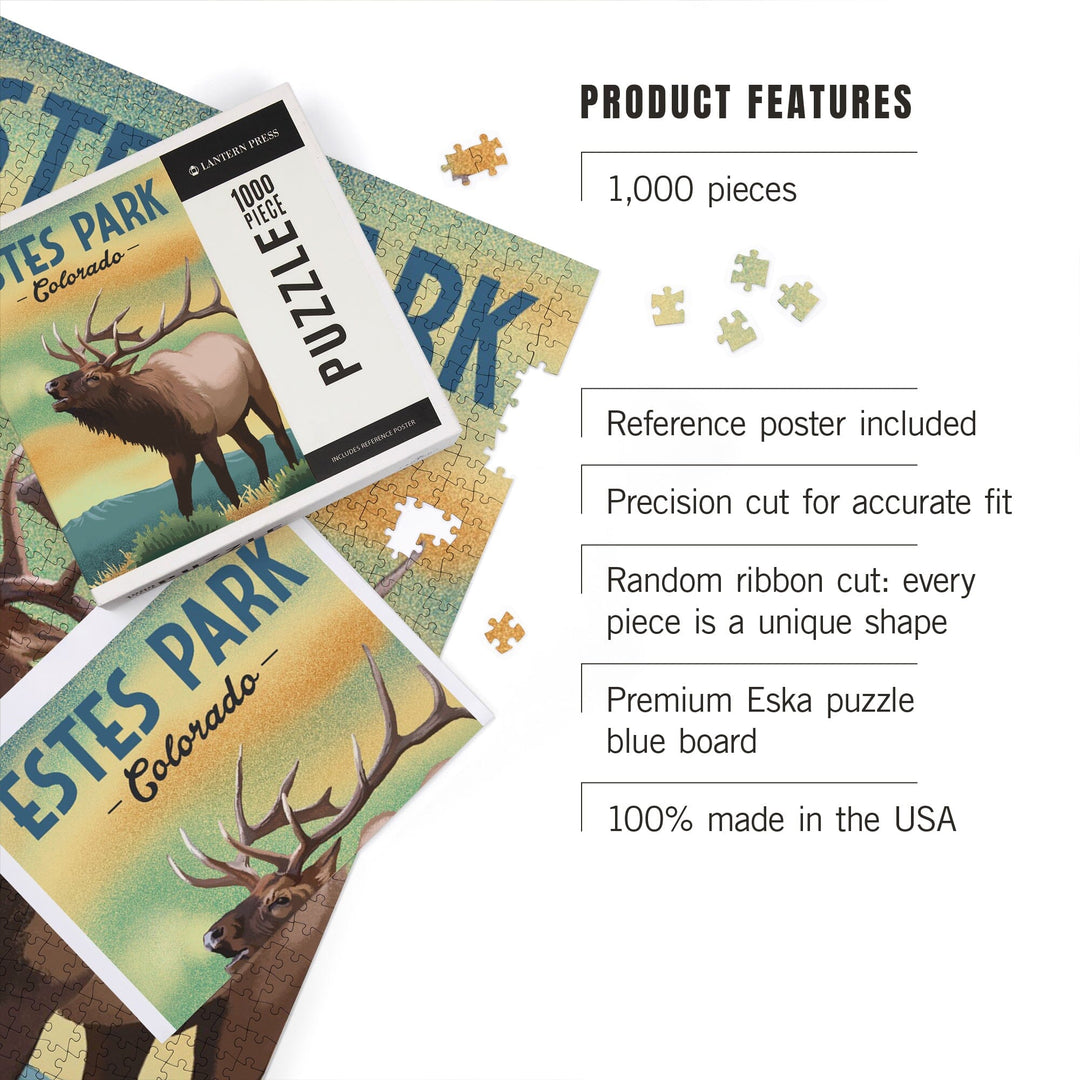 Estes Park, Elk, Lithograph, Jigsaw Puzzle Puzzle Lantern Press 