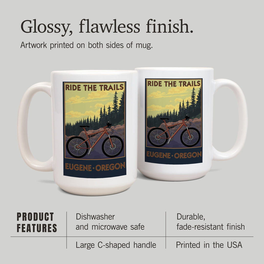 Eugene, Oregon, Ride the Trails, Lantern Press Artwork, Ceramic Mug - Lantern Press