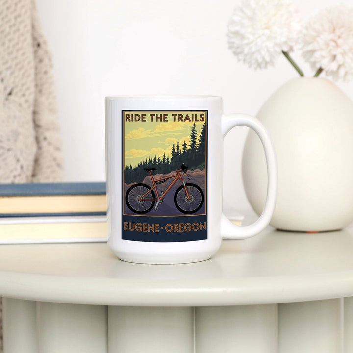 Eugene, Oregon, Ride the Trails, Lantern Press Artwork, Ceramic Mug - Lantern Press