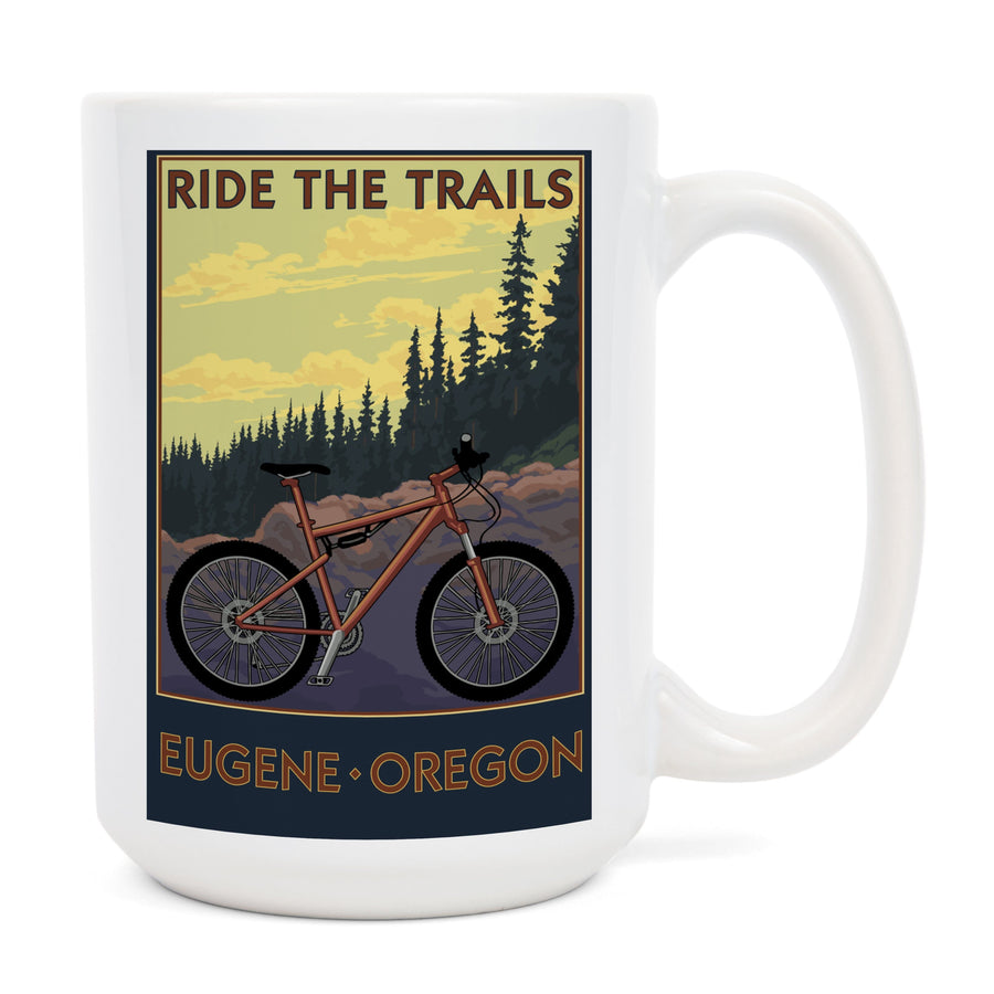 Eugene, Oregon, Ride the Trails, Lantern Press Artwork, Ceramic Mug - Lantern Press