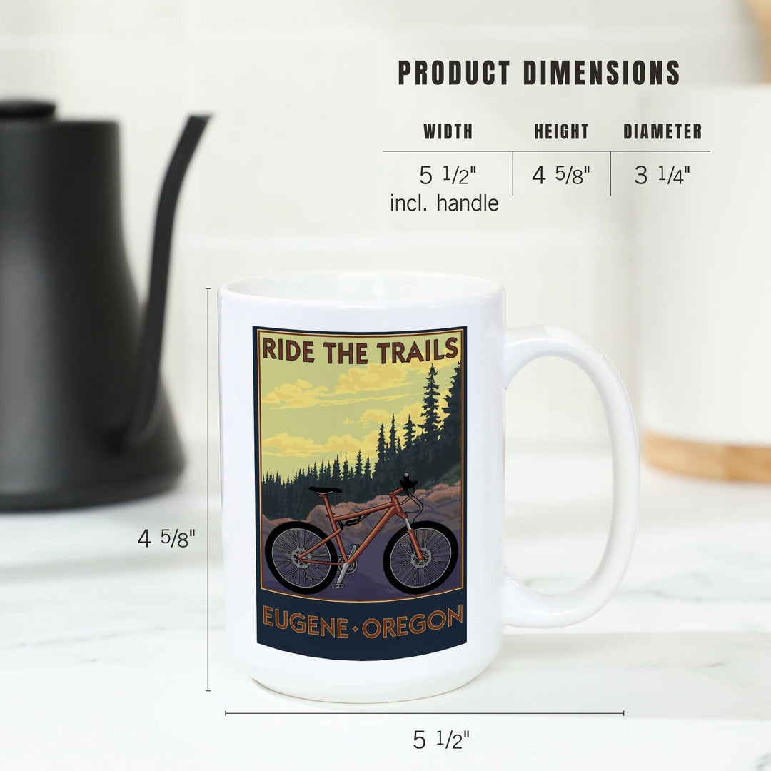 Eugene, Oregon, Ride the Trails, Lantern Press Artwork, Ceramic Mug - Lantern Press