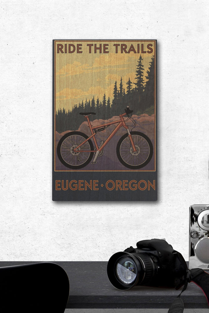 Eugene, Oregon, Ride the Trails, Lantern Press Artwork, Wood Signs and Postcards Wood Lantern Press 12 x 18 Wood Gallery Print 