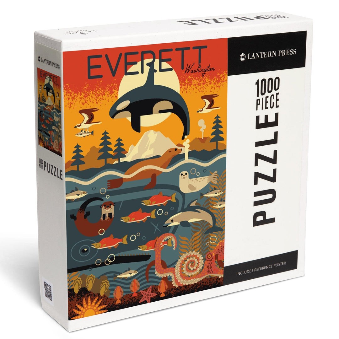 Everett, Washington, Marine Animals, Geometric, Jigsaw Puzzle Puzzle Lantern Press 