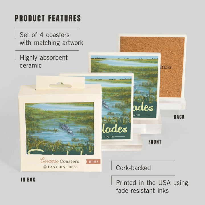 Everglades National Park, Alligator, Lantern Press Artwork, Coaster Set - Lantern Press