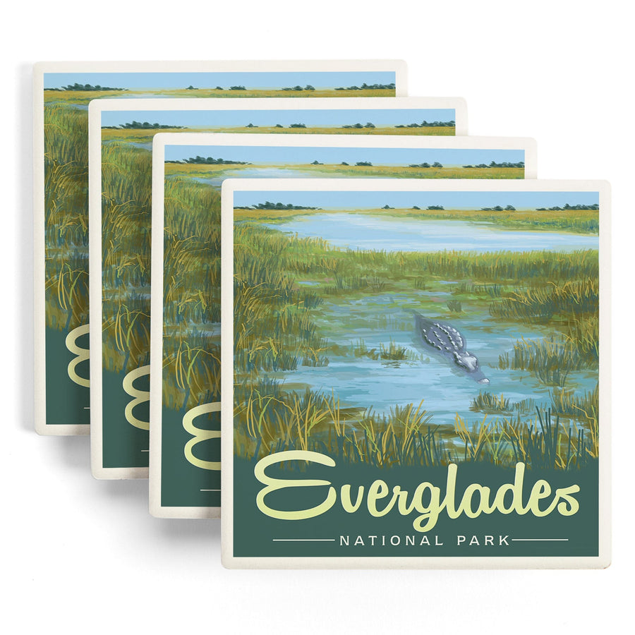 Everglades National Park, Alligator, Lantern Press Artwork, Coaster Set - Lantern Press