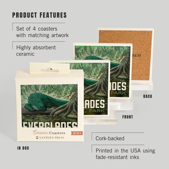 Everglades National Park, Florida, Alligator in Swamp, Coasters Coasters Lantern Press 