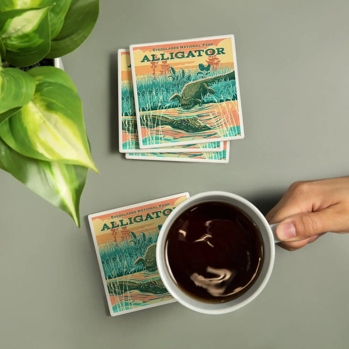 Everglades National Park, Florida, Alligator Vintage Print Press, Coasters Coasters Lantern Press 
